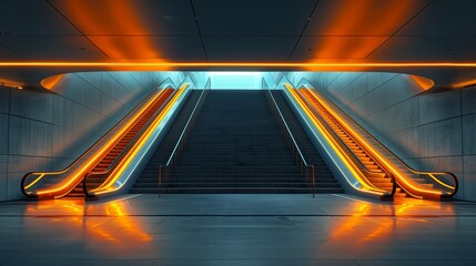 Modern Escalators Illuminated by Bright Orange Lights Leading to an Open Space
