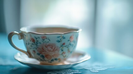 Fototapeta premium An elegant porcelain teacup and saucer sit on a surface