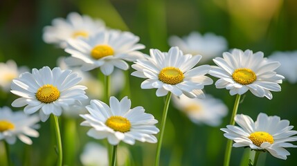 Fototapeta premium A cluster of pristine white daisies with vibrant yellow centers basks in the warm sunlight of a summer meadow.