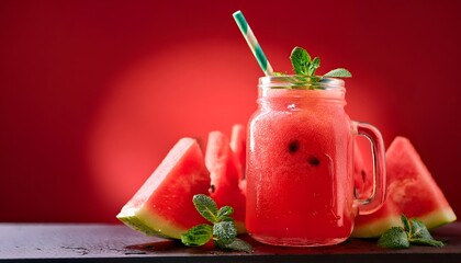 Watermelon Slushie_A frozen, icy drink made from fresh watermelon, served in a mason jar with a colorful straw and mint garnish on red backdrop