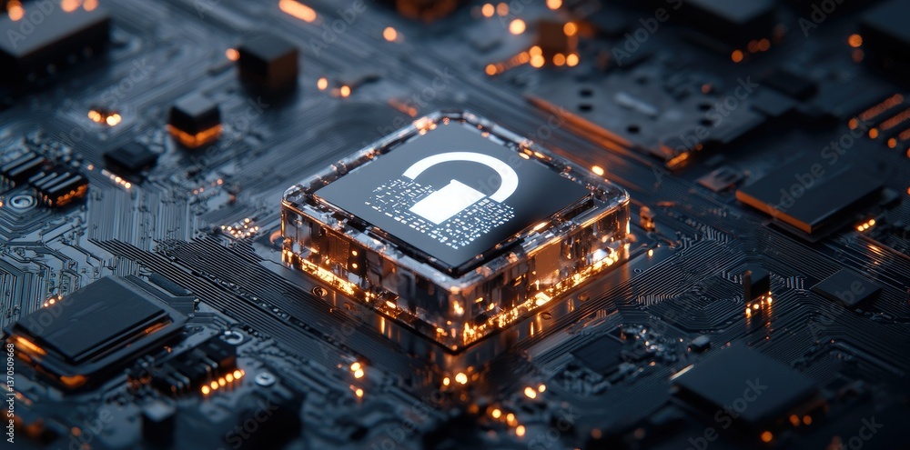 Poster a close-up view of a digital circuit board featuring a glowing padlock icon. symbolizing cybersecuri