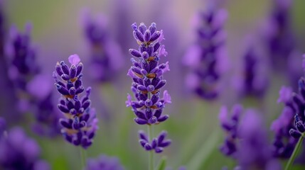 Obraz premium Vibrant lavender blooms fill the frame, their purple petals a striking contrast against a soft, blurred field. A dreamy, close-up view