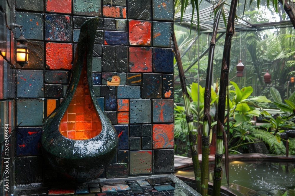 Poster a vibrant mosaic wall features a unique water feature surrounded by lush greenery, creating a tranqu