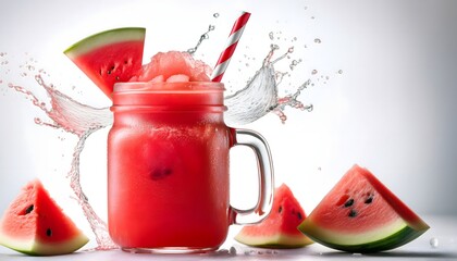 Watermelon Slushie_A frozen, icy drink made from fresh watermelon, served in a mason jar with a colorful straw and mint garnish on isolated white background