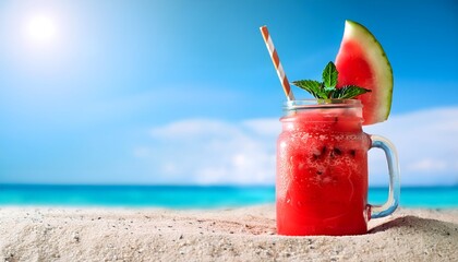 Watermelon Slushie_A frozen, icy drink made from fresh watermelon, served in a mason jar with a colorful straw and mint garnish on blue sky and sea in backdrop
