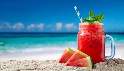 Watermelon Slushie_A frozen, icy drink made from fresh watermelon, served in a mason jar with a colorful straw and mint garnish on blue sky and sea in backdrop