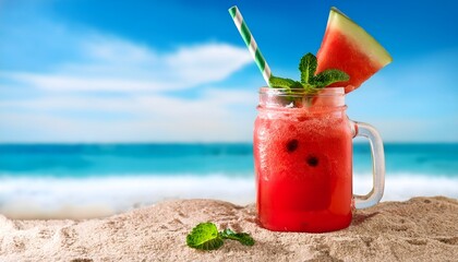 Watermelon Slushie_A frozen, icy drink made from fresh watermelon, served in a mason jar with a colorful straw and mint garnish on blue sky and sea in backdrop