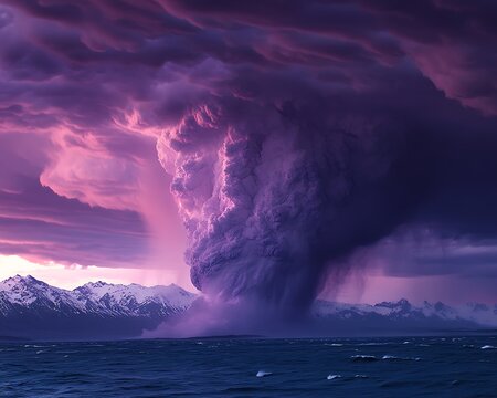 Dramatic purple storm over mountains and ocean.