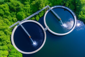Aerial View of Modern Water Treatment Facility with Circular Sedimentation Tanks, Industrial Pipelines, and Crystal-Clear Turquoise Water Surrounded by Lush Greenery, Symmetrical Design
