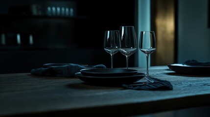 Elegant dining table setting featuring wine glasses and dishware