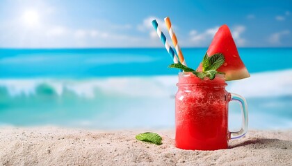 Watermelon Slushie_A frozen, icy drink made from fresh watermelon, served in a mason jar with a colorful straw and mint garnish on blue sky and sea in backdrop