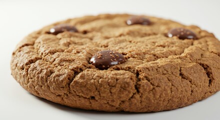 Single tempting chocolate chip cookie on a plain background under natural light
