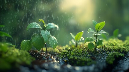 Green Seedlings Growing in Rain Lush Forest Setting