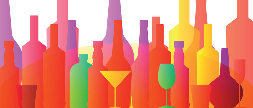 Collection of alcohol bottles, glasses of different shapes, lots of booze. Wine bar poster design, whiskey vector illustration, white wine, liqueur