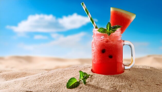 Watermelon Slushie_A frozen, icy drink made from fresh watermelon, served in a mason jar with a colorful straw and mint garnish on blue sky and desert in backdrop
