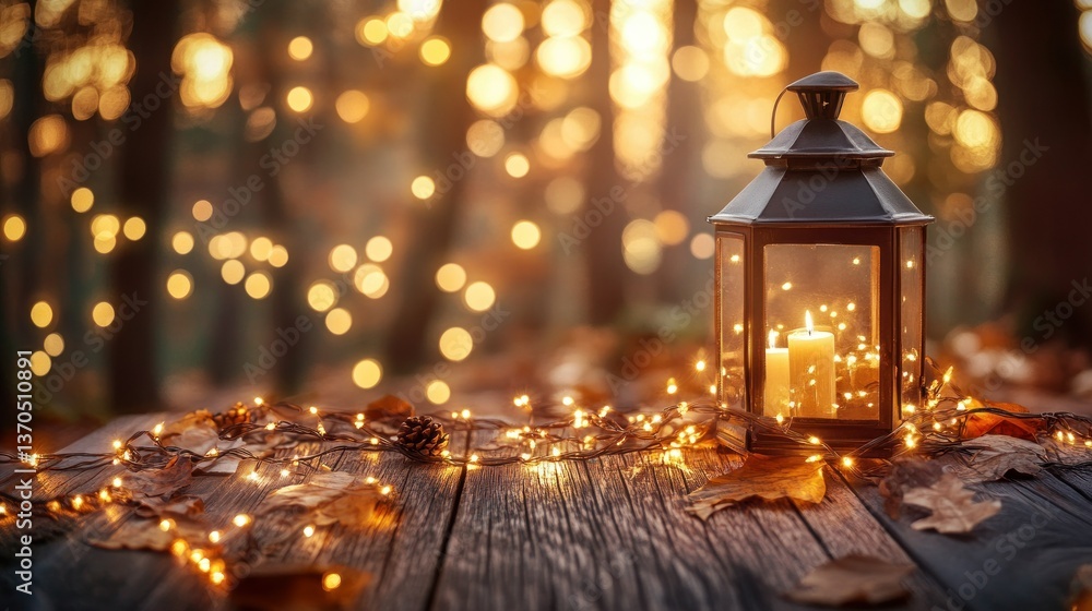 Poster a lantern with candles and lights in a forest setting
