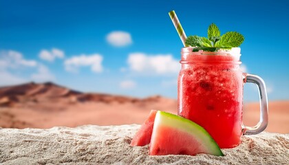 Watermelon Slushie_A frozen, icy drink made from fresh watermelon, served in a mason jar with a colorful straw and mint garnish on blue sky and desert in backdrop