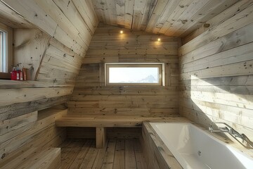 A cozy wooden bathroom featuring a bathtub, natural wood paneling, and soft lighting, creating a serene and minimalist atmosphere.