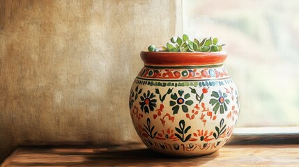 A decorated ceramic pot holds green plants indoors near a window