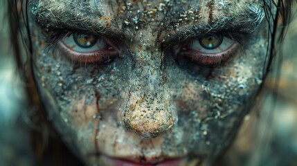 An intense close-up of a face covered in dust and dirt, with piercing eyes conveying resilience and determination, set against a muted backdrop that emphasizes the ruggedness and raw emotion