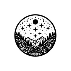 Celestial Mountain Landscape: Engraved Circle Design