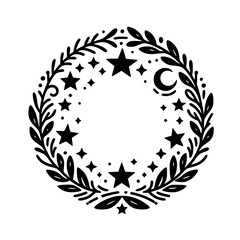 Celestial Wreath Illustration: Stars, Crescent Moon, and Laurel Leaves