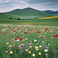 Fototapeta premium A charming field of colorful flowers blooming under bright sunlight surrounded by greenery