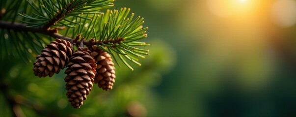 A cluster of pine cones clinging to a branch, sunlight dappling the needles , woodland, graphic, natural