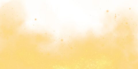 Magic yellow smoke with glitter and small particles of twinkling stars. Fog with luminous particles. Yellow vapor with stardust. Morning fog over land or water surface, magic haze. Fog or smoke. PNG.