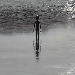 Grey alien standing in calm water, reflected.