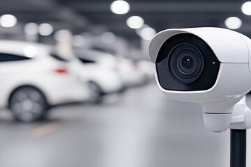 AI Surveillance Camera Monitoring Parked Car in Office Parking Lot, Smart Technology Integration, Urban Security System, Corporate Safety, Automated Vehicle Scanning, City Surveillance