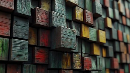 Colorful Rustic Wooden Cube Blocks Wall Texture