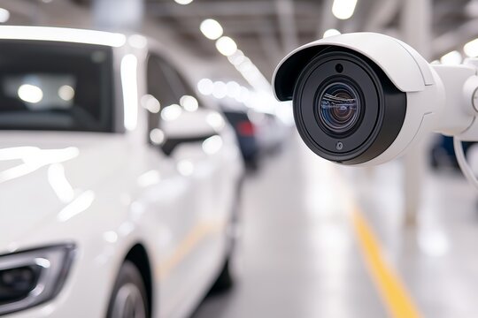 AI Surveillance Camera Monitoring Parked Car in Office Parking Lot, Smart Technology Integration, Urban Security System, Corporate Safety, Automated Vehicle Scanning, City Surveillance
