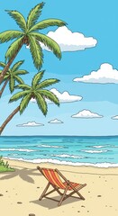 Tranquil Tropical Beach Scene: Palm Trees, Ocean, and Relaxing Beach Chair