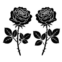 Beautiful Black Rose Silhouette Illustration &ndash; Elegant Floral Art Design with Leaves & Branches
