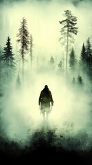 Person walking in dense, ethereal forest with towering trees shrouded in mist