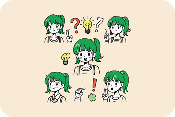 Girl with Ideas: Creative Process, Questioning, Solution, Vector Illustration of Thought and Discovery in a Playful Style.