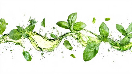 Fresh Herbs Like Basil and Mint Captured in a Dramatic Oil Splash