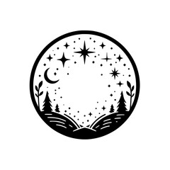 Night Sky Circle Illustration: Stars, Moon, Trees, Vector Art