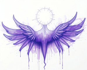 Stunning purple wings with a radiant halo rising gracefully against a soft watercolor backdrop