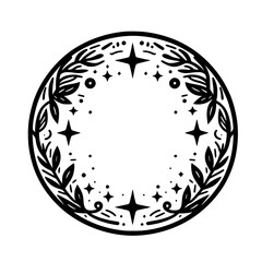 Celestial Botanical Circle Frame - Minimalist Black & White Illustration