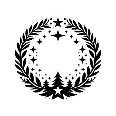 Minimalist Christmas Wreath with Stars and Trees - Vector Illustration