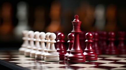 Red queen chess piece standing on chessboard with other white chess pieces in background