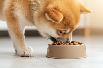 Shiba Inu Puppy Eating from Custom-Branded Dog Food Bowl, Playful Home Setting with Pastel Colors, Natural Light, Glossy Tiled Floor, Perfect for Pet Food Commercials and Ads