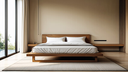 Serene minimalist bedroom design showcasing a low platform bed crafted from rich, warm wood, bathed in soft natural light streaming from expansive windows.