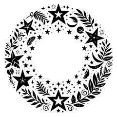 Celestial Botanical Wreath Illustration, Black and White, Vector