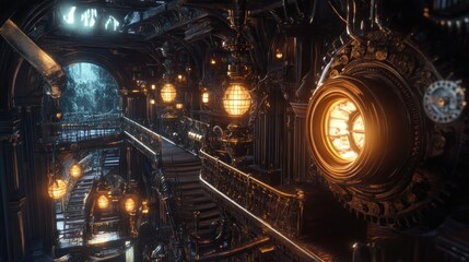 Intricate Steampunk Interior with Ornate Lighting and Mechanical Elements