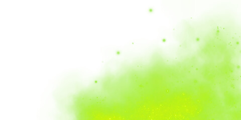 Magic green smoke with glitter and small particles of twinkling stars. Fog with luminous particles. Green vapor with stardust. Morning fog over land or water surface, magic haze. Fog or smoke. PNG.