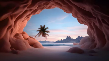 Fototapete Pink Cave Opening to Tropical Beach Sunset © kadri