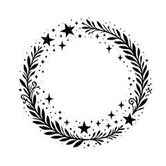 Celestial Leaf Wreath Illustration - Black & White, Botanical Frame, Stars